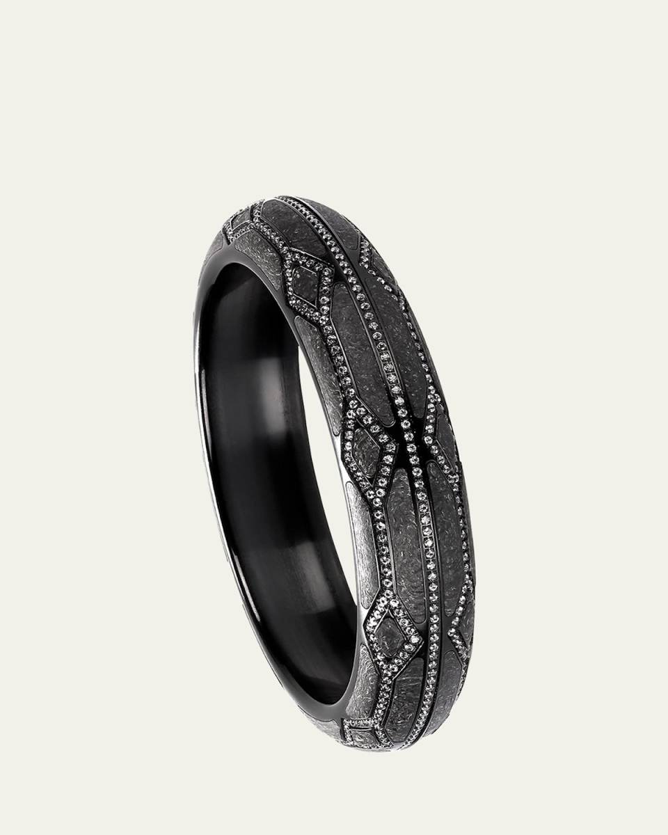 White Gold & Carbon Fiber Bangle Bracelet with White Sapphire, Size 60mm